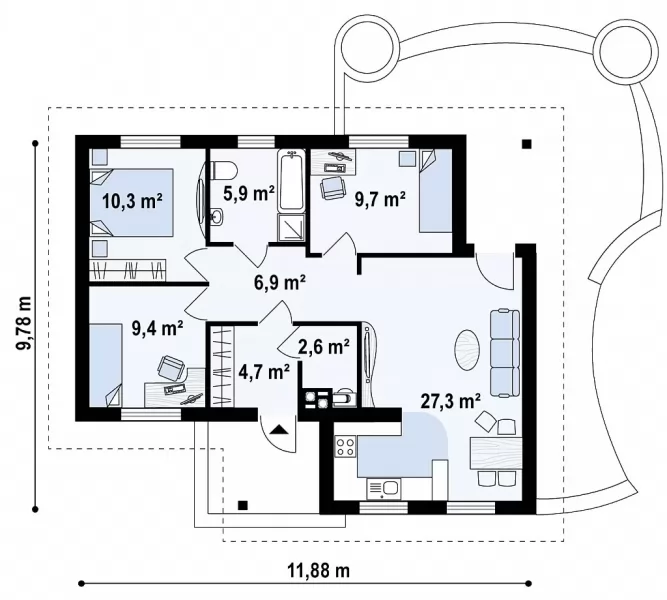 Планировка КД-76 Кирпичный дом Фактур, 76.8 м²