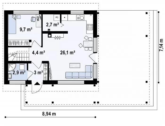 Планировка КД-77 Дом из кирпича Капирон, 77.1 м²