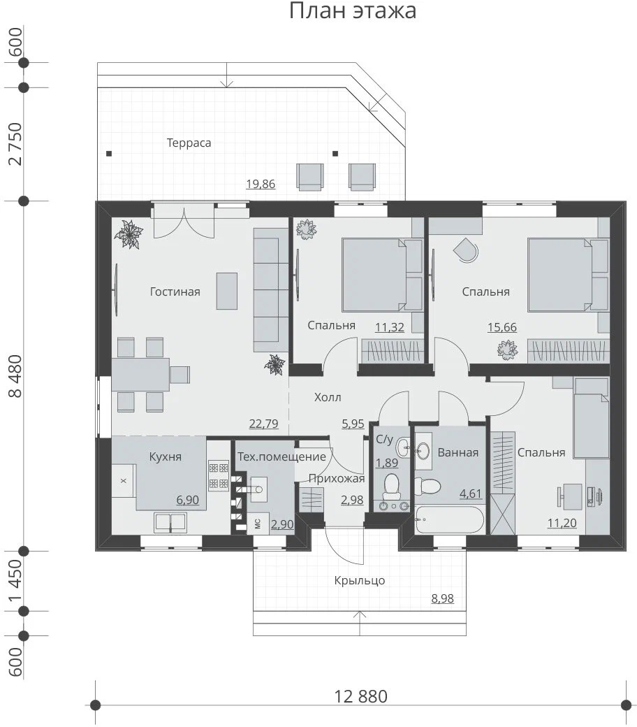 Планировка БД-86 Дом из теплоблоков Синергон, 86 м²